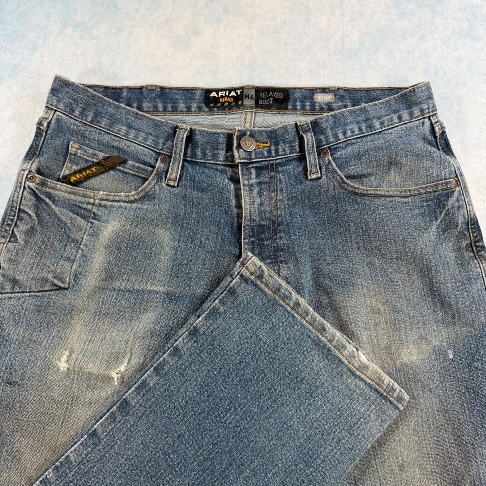 Ariat Rebar M4 Jeans Mens 34x32 Blue Good Distressed Relaxed Boot Cut Workwear